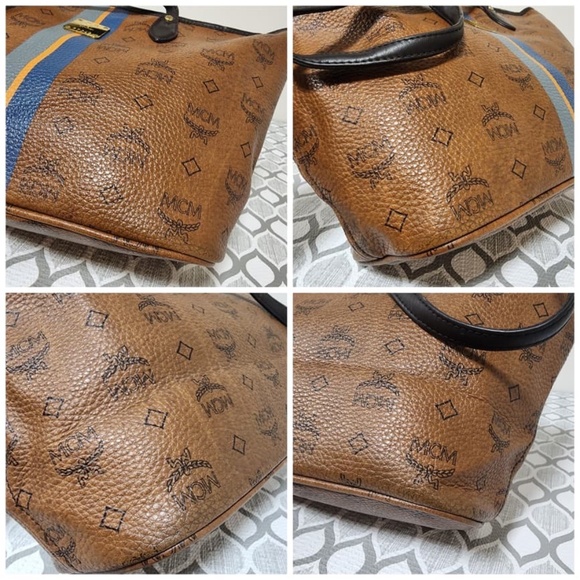 Authentic MCM Visetos Dog Bone Striped Shopper Tote Bag Brown - Picture 9 of 13